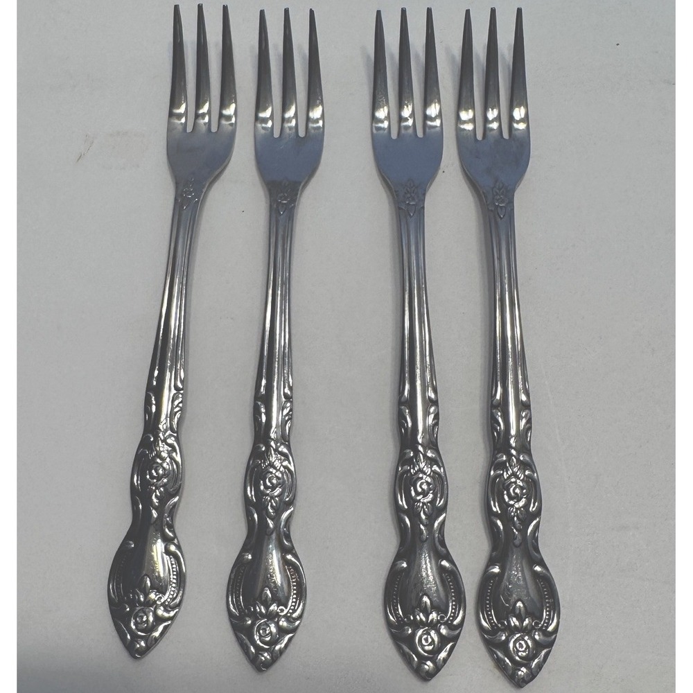 4 Forks Cocktail Vtg Imperial Stainless Steel Flatware Japan Floral Rose Flower